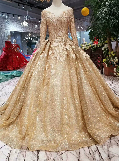 Gold Ball Gown Sequins Appliques Bateau Long Sleeve Wedding Dress