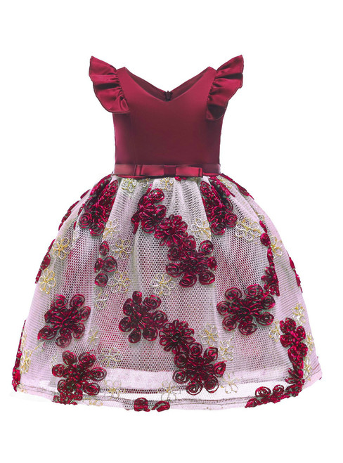 In Stock:Ship in 48 Hours Burgundy Satin V-neck Short Flower Girl Dress With Bow