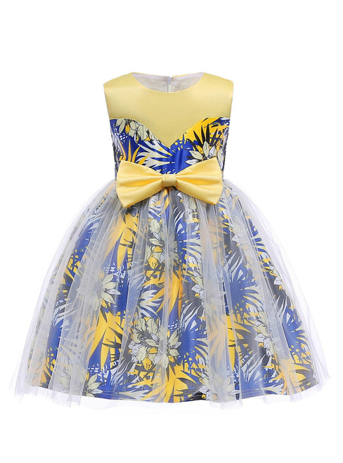In Stock:Ship in 48 Hours Print Satin Flwoer Girl Dress With Bow