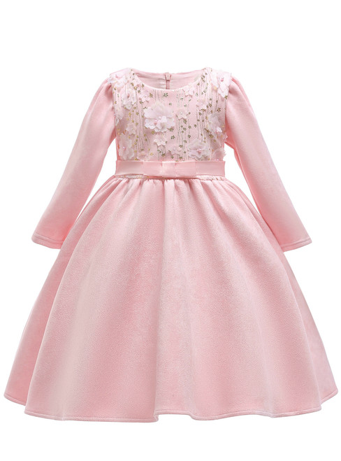 In Stock:Ship in 48 Hours Pink Satin Long Sleeve Flwoer Girl Dress