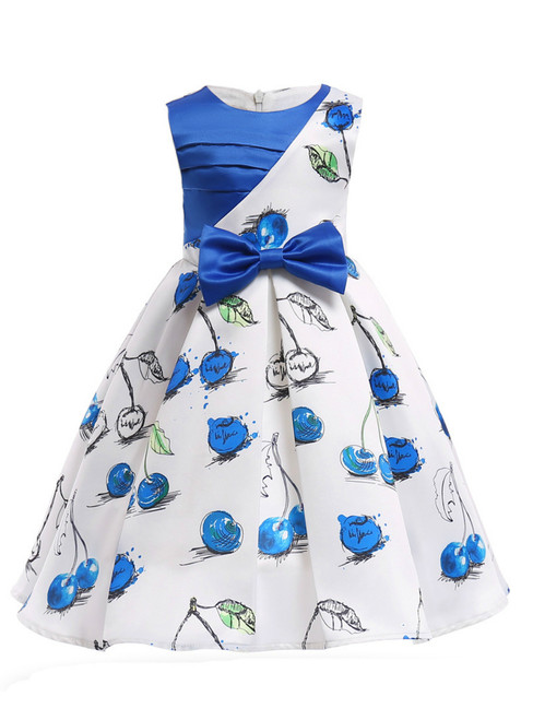 In Stock:Ship in 48 Hours Blue White Cherry Print Flower Girl Dress