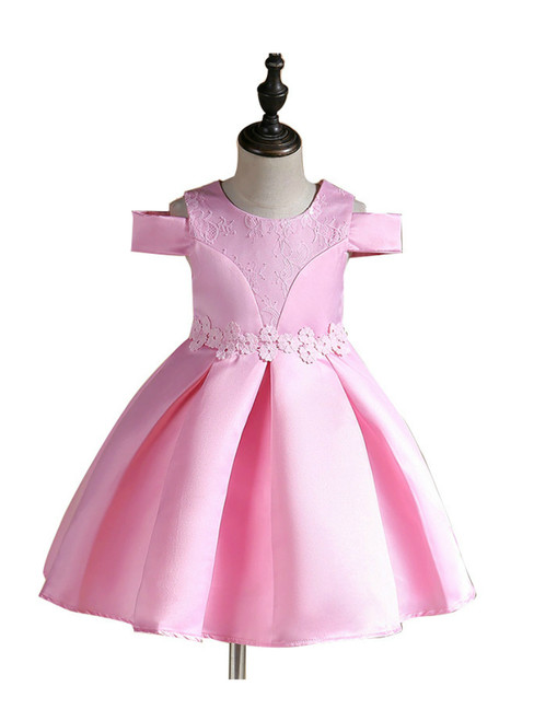 In Stock:Ship in 48 Hours Pink Satin Appliques Flower Girl Dress