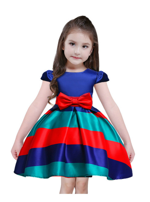 In Stock:Ship in 48 Hours Blue Satin Cap Sleeve Flower Girl Dress With Bow