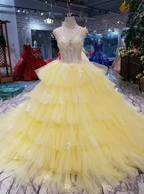 Yellow Ball Gown Tulle High Neck Backless Beaidng Wedding Dress With Train