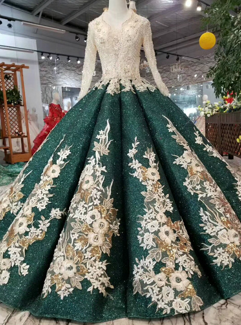 Green Ball Gown Sequins V-neck Long Sleeve Appliques Wedding Dress