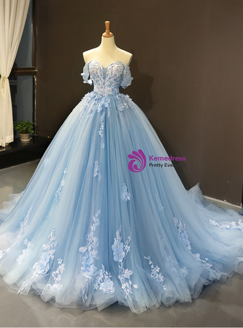 Blue Ball Gown Tulle Appliques Off The Shoulder Backless Sweet 16 Prom ...