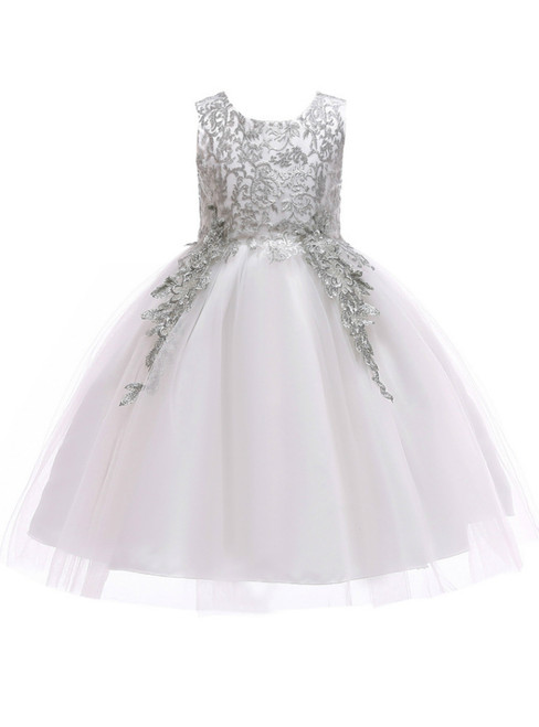 In Stock:Ship in 48 Hours White Tulle Silver Appliques Flower Girl Dress