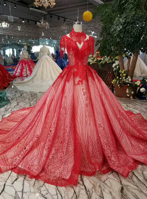 Red Ball Gown Tulle Sequins High Neck Backless Cap Sleeve Wedding Dress