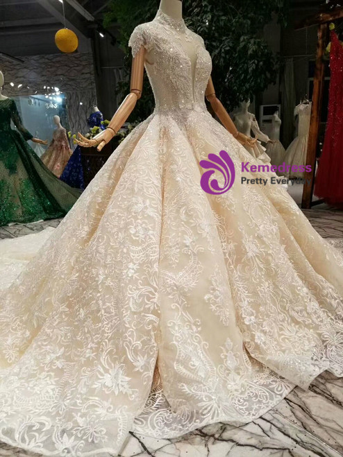 Champagne Ball Gown Tulle Lace High Neck Long Sleeve Backless Wedding Dressackless Wedding Dress main image 0