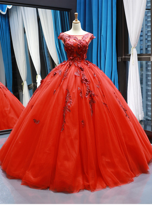 Red Ball Gown Tulle Appliques Bateau Backless Cap Sleeve Floor Length Prom Dress