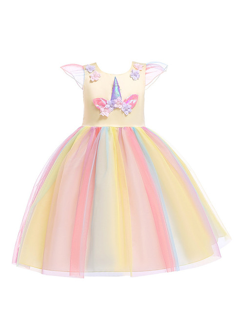 In Stock:Ship in 48 Hours Yellow Tulle Cap Sleeve Appliques Flower Girl Dress