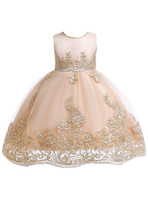 In Stock:Ship in 48 Hours Champagne Tulle Lace Appliques Flower Girl Dress