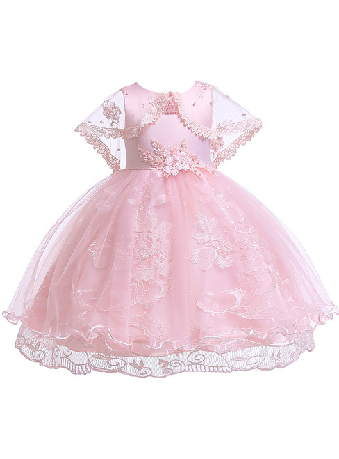 In Stock:Ship in 48 Hours Pink Lace Tulle Girl Dress With Pearls