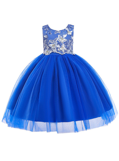 In Stock:Ship in 48 Hours Blue Tulle Butterfly Appliques Flower Girl Dress