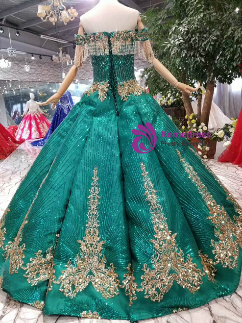 Green Ball Gown Sequins Gold Sequins Appliques Off the Shoulder Wedding ...