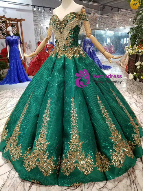 Green Ball Gown Sequins Gold Sequins Appliques Off the Shoulder Wedding ...