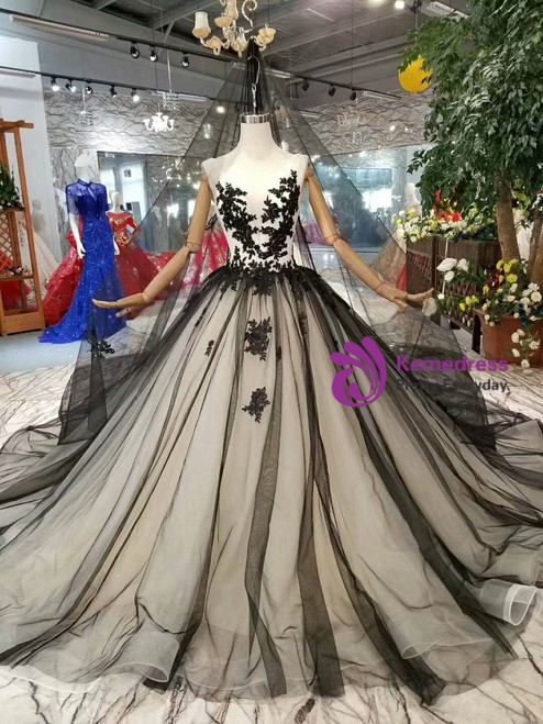 Black Ball Gown Tulle Bateau Backless Appliques Wedding Dress With Train