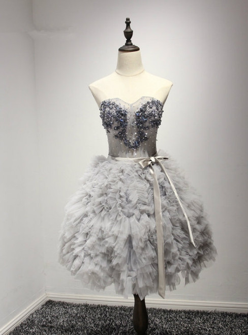A-Line Sweetheart Short Tulle Silver Ruched Homecoming Dress with Beading