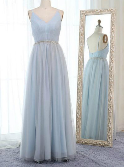 Light Blue Tulle Spaghetti Straps Backless Pleats Prom Dress With Beading