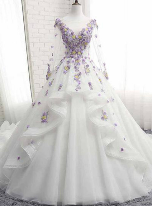 White Tulle Ruffles Long 3D Flower Lace Applique Long Sleeve Quinceanera Dress