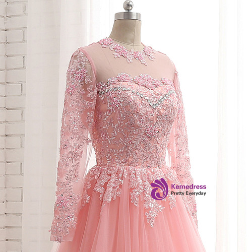 Appliques Flower Pink Tulle Lace Long Sleeves Prom Dress main image 0