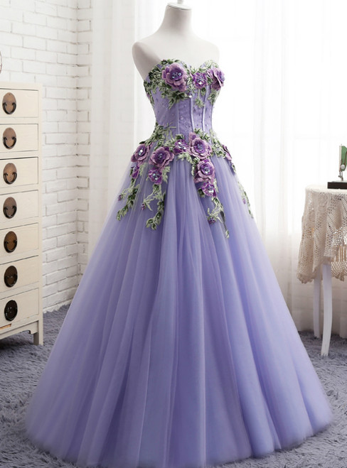 Purple A-line tulle prom dress sweetheart neck front view