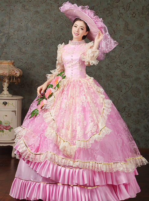 Pink Ball Gown Satin High Neck Short Sleeve Drama Show Vintage Gown Dress