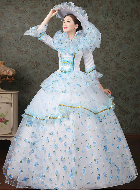 Blue Print Ball Gown Lace Short Sleeve Drama Show Vintage Gown Dress