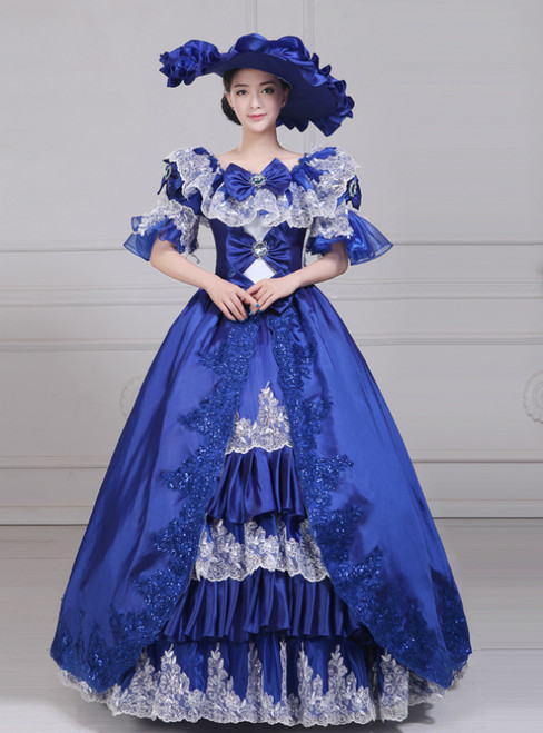 Blue Satin Lace Bateau Puff Sleeve Drama Show Vintage Gown Dress