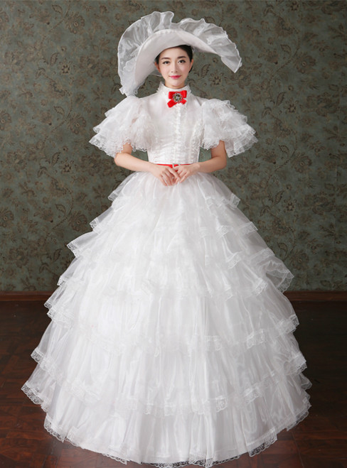 White Ball Gown Tulle Ruffle High Neck Puff Sleeve Drama Show Vintage Gown Dress