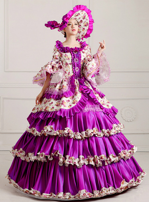 Purple Ball Gown Print Satin Puff Sleeve Drama Show Vintage Gown Dress