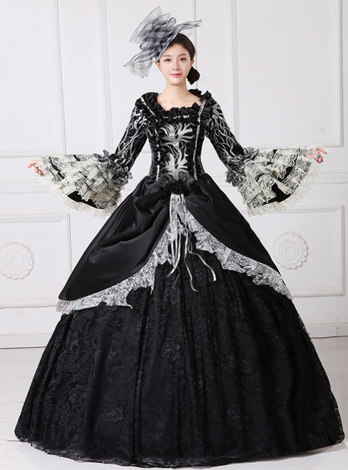 Black Ball Gown Satin Lace Puff Sleeve Drama Show Vintage Gown Dress