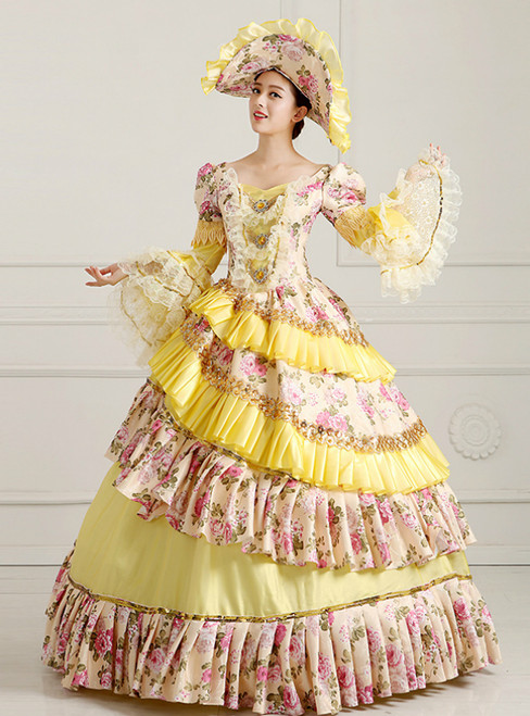 Yellow Ball Gown Satin Print Puff Long Sleeve Drama Show Vintage Gown Dress