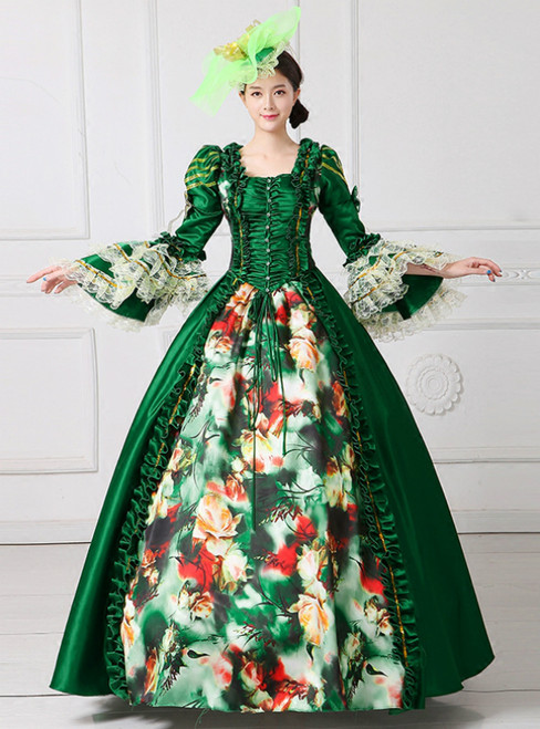 Green Satin Print Puff Lace Sleeve Pleats Show Vintage Gown Dress