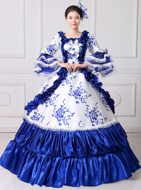 Blue White Ball Gown Satin Print Puff Sleeve Vintage Gown Dress