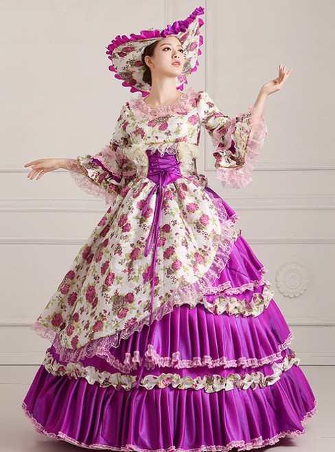 Purple Ball Gown Satin Print Puff Sleeve Drama Show Vintage Gown Dress