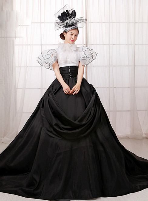 Black And White Satin Cap Sleeve High Neck Drama Show Vintage Gown Dress