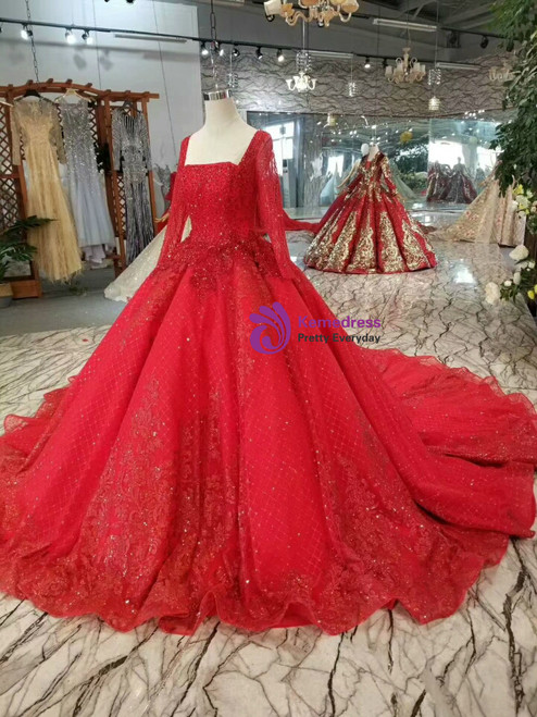 Red Ball Gown Tulle Sequins Square Neck Long Sleeve Wedding Dress
