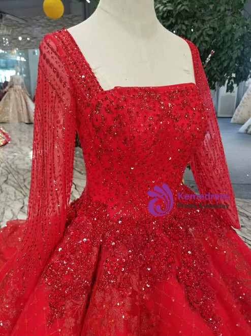 Red Ball Gown Tulle Sequins Square Neck Long Sleeve Wedding Dress