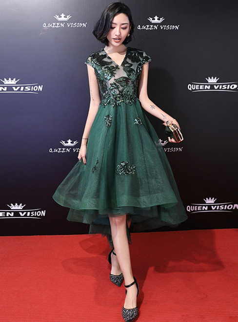 In Stock:Ship in 48 Hours Green Hi Lo Tulle V-neck Cap Sleeve Prom Dress