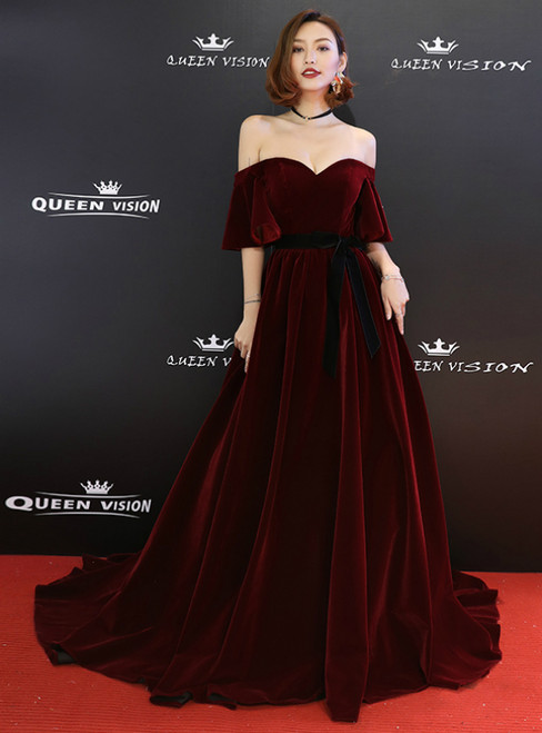 In Stock:Ship in 48 Hours Burgundy Velvet Off The Shoulder Prom Dress