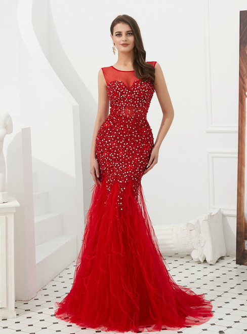 Red Mermaid Tulle Sleeveless Prom Dress With Beading Feather