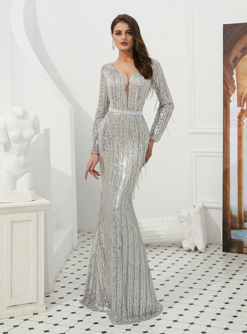 Silver Mermaud Sequins V-neck Backless Long Sleeve Prom Dress With Beading