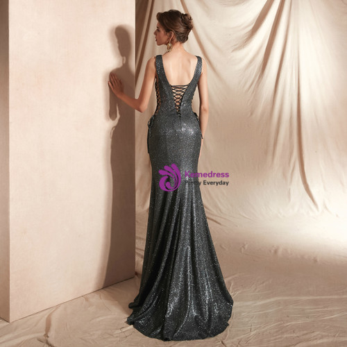 Sexy Grey Mermaid Straps V-neck Cheap Long Prom Dresses Online,12836