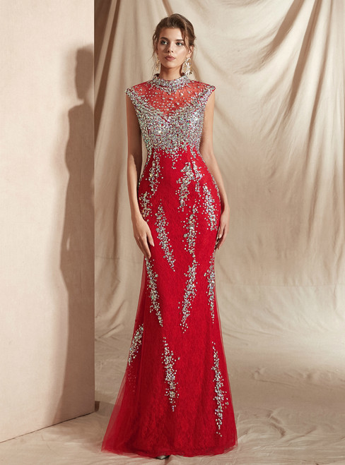 Red Mermaid Lace High Neck See Through Prom Dress With Crystal