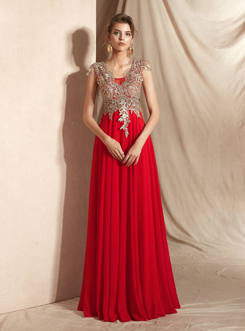 A-Line Red Chiffon Appliques Scoop Neck Long Prom Dress