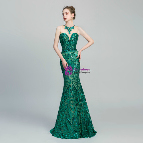 Dark Green Sleeveless Mermaid Prom Dress with Scoop Neck and Crystal Embellishments main image 1