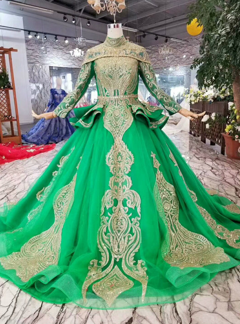 Green Ball Gown Tulle Gold Sequins High Neck Long Sleeve Wedding Dress