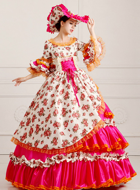 Fuchsia Ball Gown Satin Print Puff Sleeve Drama Show Vintage Gown Dress