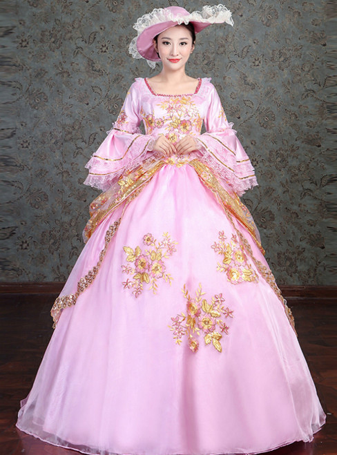 Pink Ball Gown Square Tulle Appliques Puff Sleeve Drama Show Vintage Gown Dress